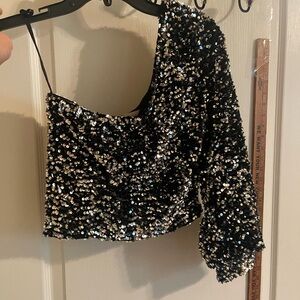 Francesca's Black Sequin One-Shoulder Crop Top